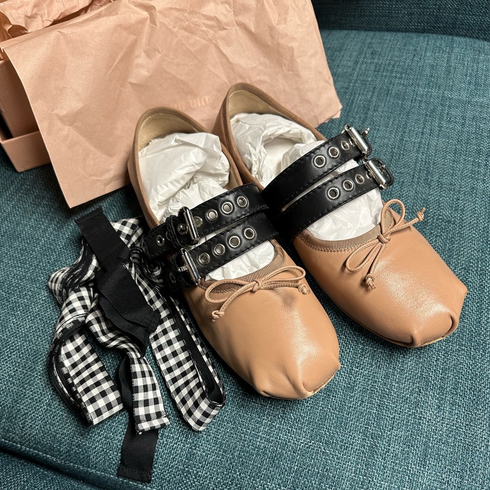 miu miu leather buckle ballet flat
